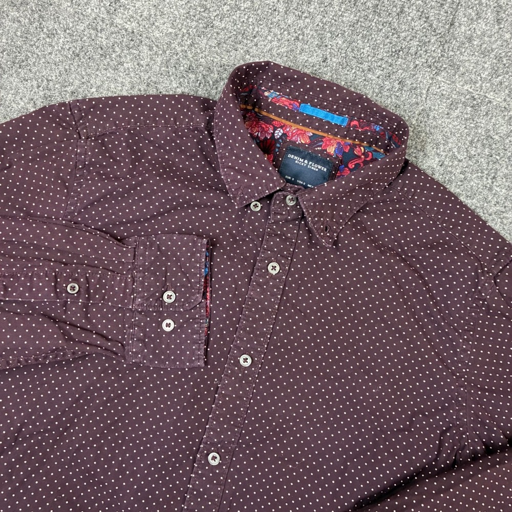 Denim & Flower Ricky Singh Mens Size Small Burgundy Polka Dot Button Down Shirt